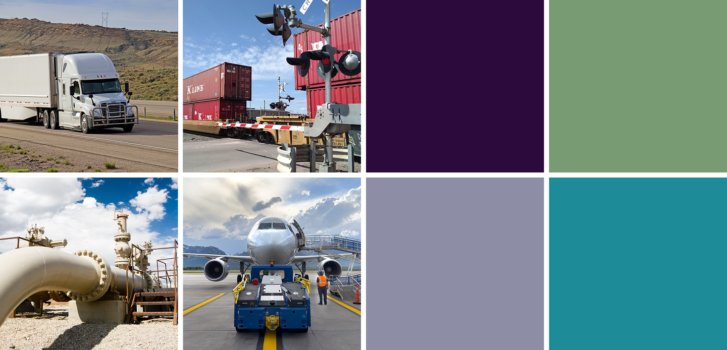 modes of logisitics transportation: truck, freight rail, and airplane. Water pipe.